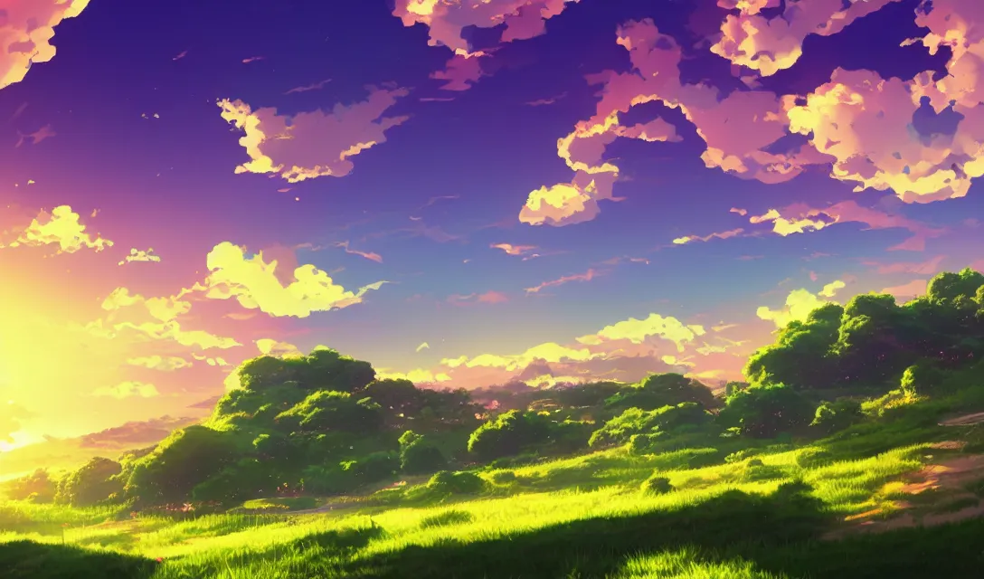 Image similar to very high quality illustration of green hills with clouds in the background, golden hour sunset, purple beautiful sky, anime key visual, official media, illustrated by wlop, extremely detailed, 8 k, trending on pixiv, cinematic lighting, beautiful
