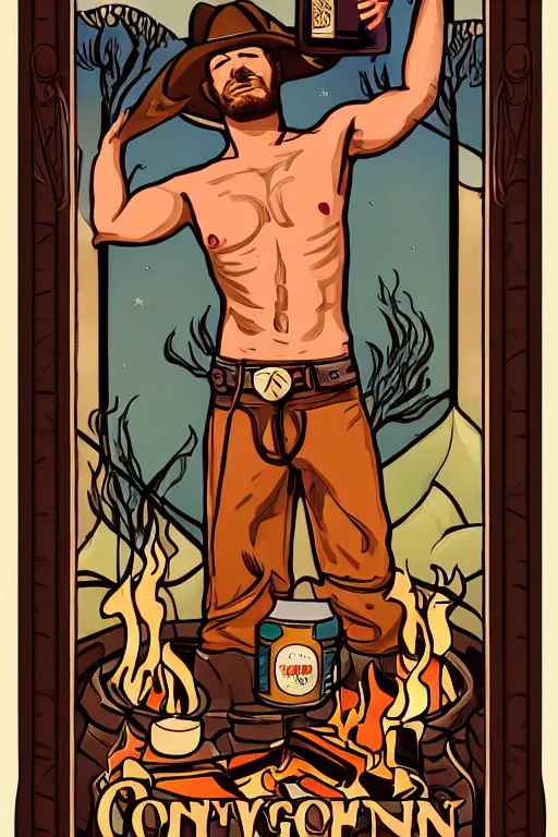 Prompt: a beautiful symmetrical tarot card of a handsome shirtless cowboy holding a can of beans and a jug of whisky in front of a campfire, chunky build, cowboy boots, dad bod, homoerotic!, art deco, art nouveau, trending on artstation