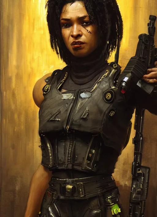 Image similar to maria igwe. cyberpunk mercenary wearing a military vest and combat jumpsuit. (Cyberpunk 2077, bladerunner 2049). Iranian orientalist portrait by john william waterhouse and Edwin Longsden Long and Theodore Ralli and Nasreddine Dinet, oil on canvas. Cinematic, hyper realism, realistic proportions, dramatic lighting, high detail 4k