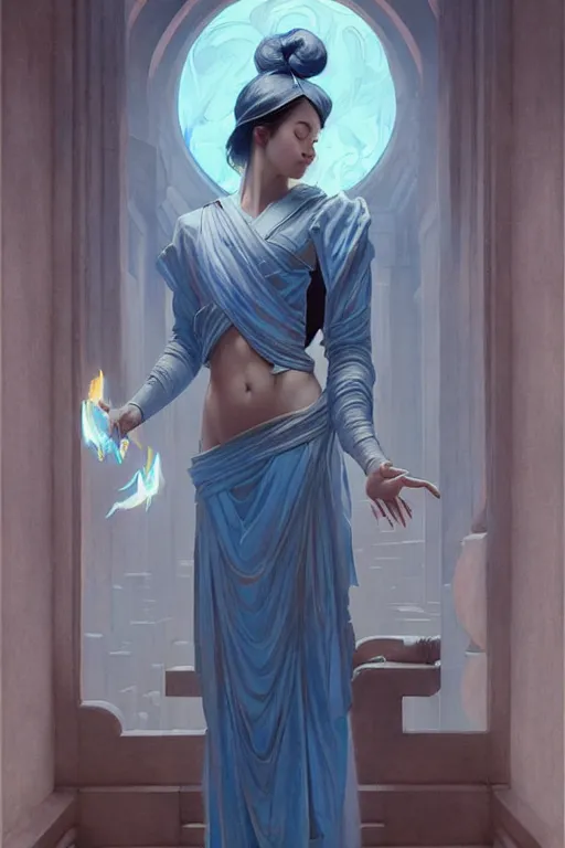 Image similar to temple, taoism, blue tint, painting by greg rutkowski, j. c. leyendecker, artgerm