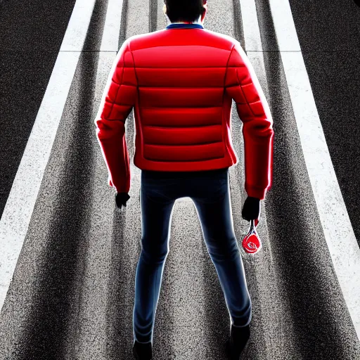 Image similar to isometric view of a man with a red jacket from back. walking towards a red futuristic motorbike on a wide road. photo realistic, hyper realistic, dramatic lighting, cyberpunk, ultra detailed, sharp focus, wide angle, digital illustration, trending on artstation