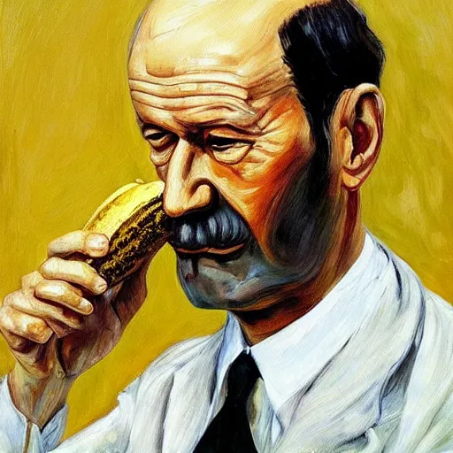 Image similar to “ painting of sigmund freud eating a peeled banana, freudian, by lucian freud ”