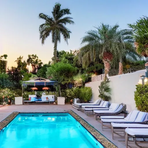 Prompt: Photo of Backyard with a pool , few palm trees and patio, White Sofas with a fireplace nearby, big beautiful street lamps, Sunset View, pool has lights, Mansion with a glass balcony in the background