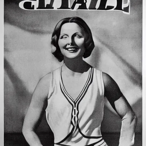 Image similar to a 1 9 2 8 poster. happy, healthy, smiling, sporty, glowing greta garbo in athletic wear.