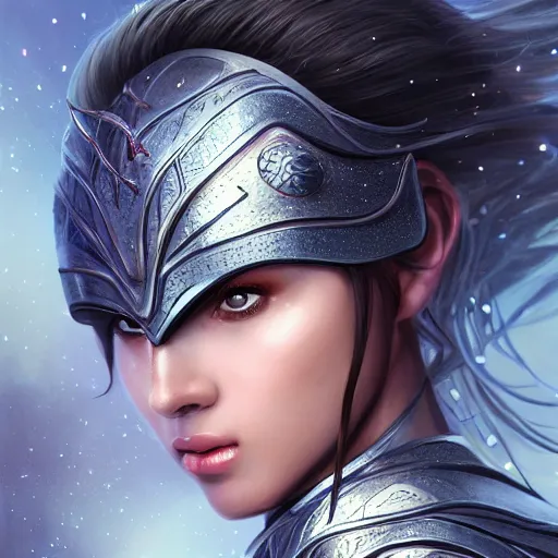 Prompt: A head and shoulders portrait of a mystical female warrior in shiny armorm in an enchanted zen garden, by Artgerm, sci-fi, fantasy, intricate, very very beautiful, elegant, highly detailed, digital painting, artstation, concept art, smooth, sharp focus, Cinematic Lighting, Unreal Engine, 8k, HD