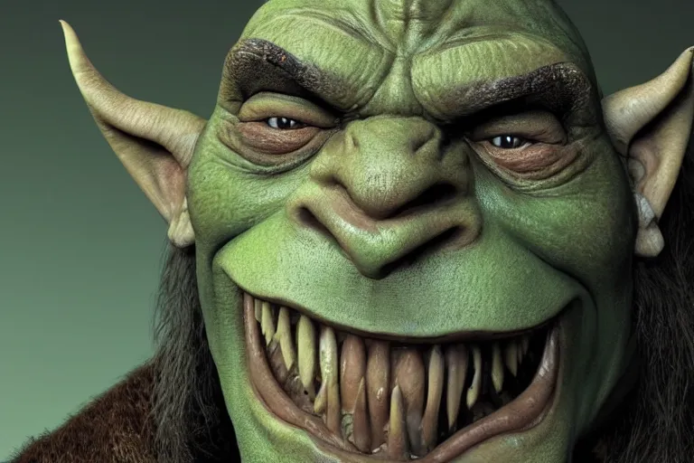 Image similar to close up portrait photo of a happy orc. high resolution color photo, times magazine 2 0 2 1