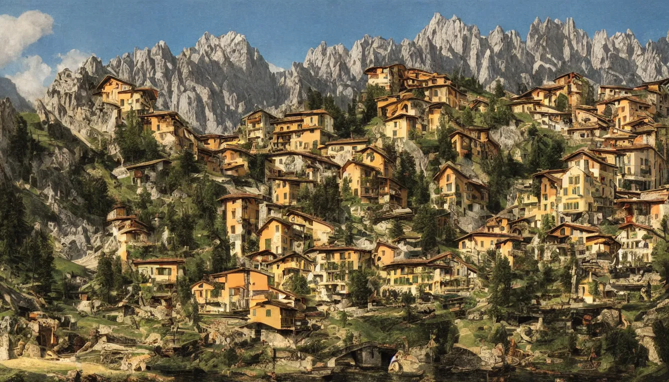 Prompt: an italian town in the dolomites mountains, maximalism