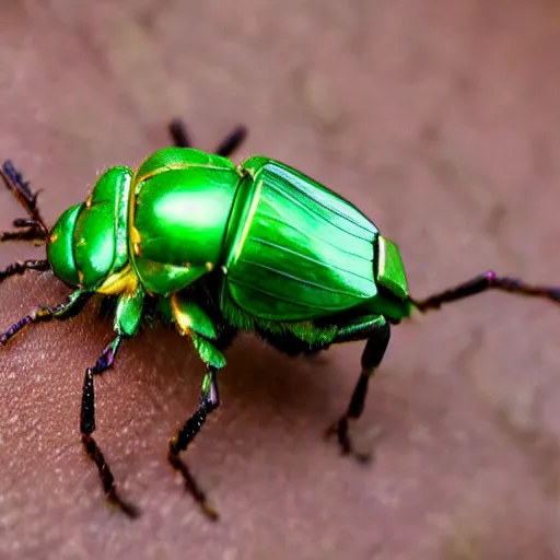 Prompt: shiny green rose chafer in gogos, basil style