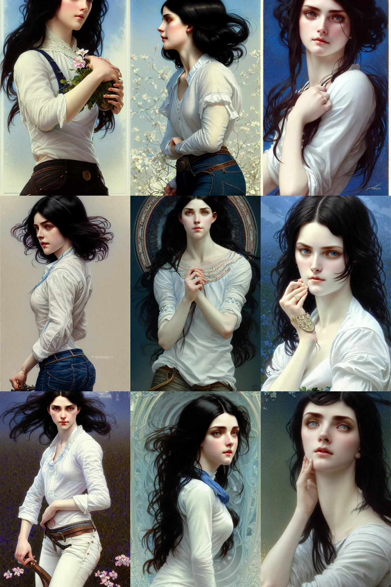 Prompt: ultra realistic, Beautiful black haired woman, Porcelain white complexion, big blue eyes, cute small lips., wearing jeans and white blouse, whip in hand, intricate details, eerie, highly detailed, octane render, 8k, art by artgerm and alphonse mucha and greg rutkowski