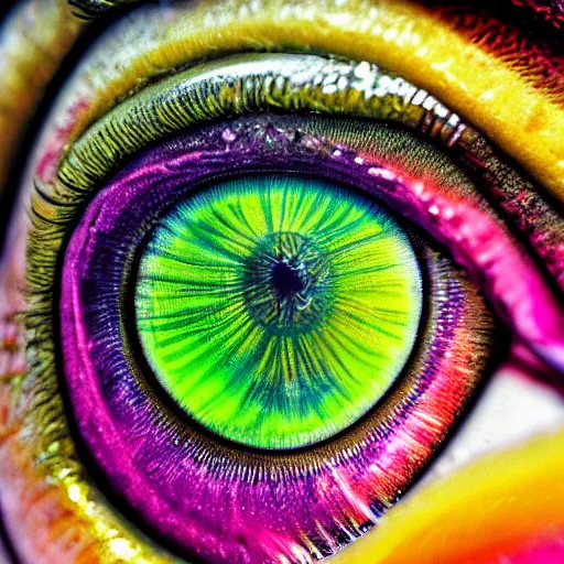 Prompt: closeup of iris of an eye, colorful, hyper - detailed, sharp, macro, realistic, psychedelic