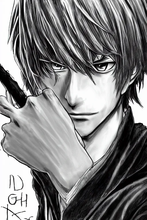 Image similar to light yagami, god of death, highly detailed, digital art, sharp focus, trending on art station, death note