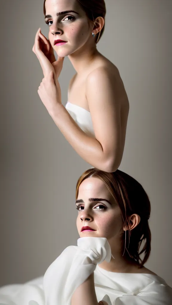 Prompt: detailed photo of emma watson cosplaying adam sandler wearing open toe high heels and wearing a white dress in a white room looking up, beautiful face, pale skin, rule of thirds, cinematic lighting, sharp focus, backlit, stunning, smooth, hard focus, full body shot, studio photo, shot on sony a 7 iii, hyper realistic, camera sony nicon