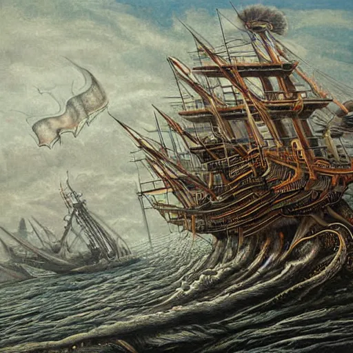 Image similar to hyper detailed painting of a ship being sunk by a giant octopus