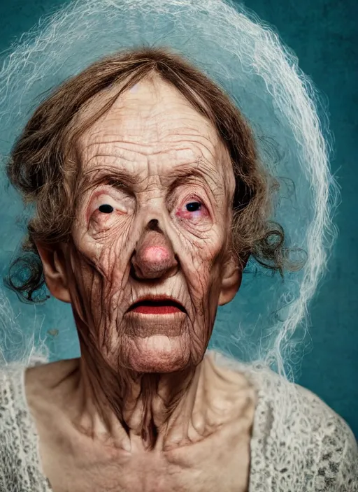 Image similar to an old woman with a weird look on her face, a surrealist painting by Martin Schoeller, shutterstock contest winner, pop surrealism, angelic photograph, stock photo, photoillustration