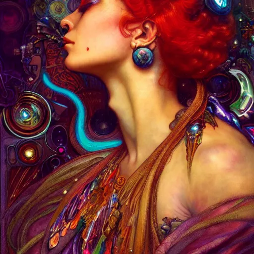 Image similar to extremely psychedelic beautiful cyborg queen of lsd. intricate, elegant, highly detailed, extremely lifelike photorealistic digital painting, artstation. steichen, gaston bussiere, tom bagshaw, cyberpunk alphonse mucha. dark pallet, melancholy. anatomically correct in every way. sultry. sharp focus. soft light.