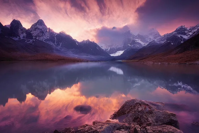 Image similar to amazing landscape photo of mountains with lake in sunset by marc adamus, beautiful, dramatic lighting