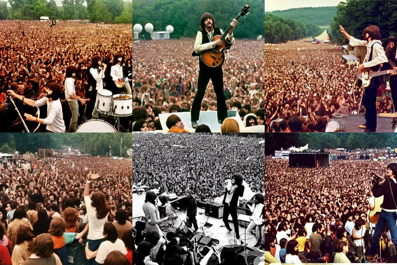 Prompt: photo of The Beatles playing for the crowd at Woodstock 1969