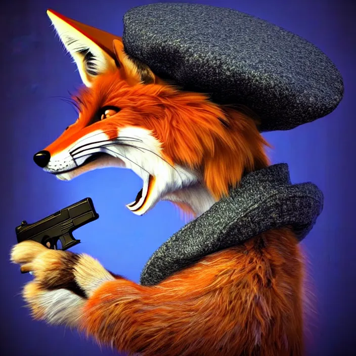 Image similar to hyperrealistic mixed media portrait an anthro fox wearing a beret and pointing a glock at the camera, stunning 3d render inspired art by P. Craig Russell and Barry Windsor-Smith + perfect facial symmetry + dim volumetric lighting, 8k octane beautifully detailed render, post-processing, extremely hyperdetailed, epic composition, grim yet sparkling atmosphere, cinematic lighting + masterpiece, trending on artstation