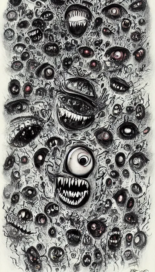 Image similar to a storm vortex made of many demonic eyes and teeth, by raymond briggs