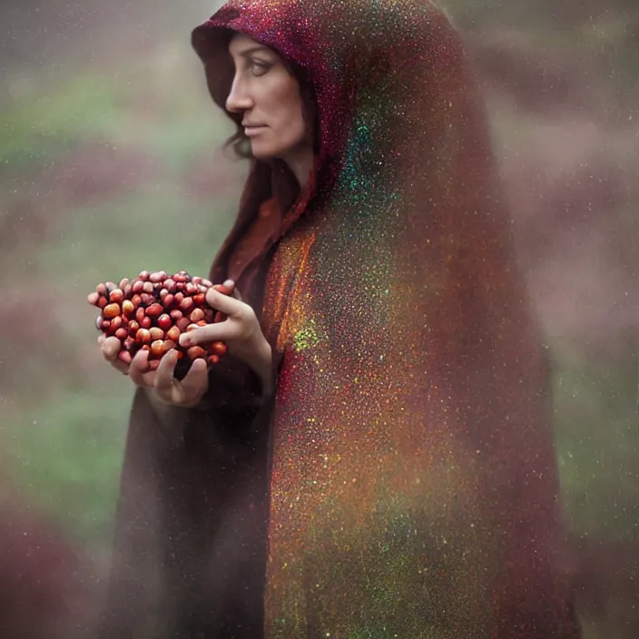 Prompt: a closeup portrait of a woman wearing a hooded cloak made of holographic mylar, picking pomegranates from a tree in an orchard, foggy, moody, photograph, by vincent desiderio, canon eos c 3 0 0, ƒ 1. 8, 3 5 mm, 8 k, medium - format print