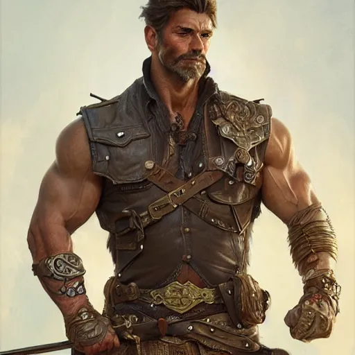 Image similar to portrait of a young, ruggedly handsome ranger, muscular, half body, leather, fantasy, intricate, elegant, highly detailed, digital painting, artstation, concept art, smooth, sharp focus, illustration, art by artgerm and greg rutkowski and alphonse mucha