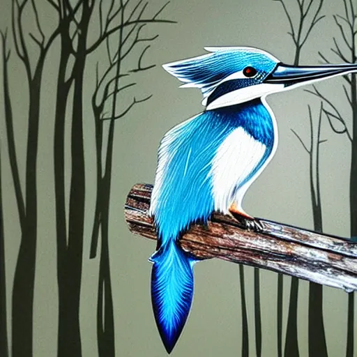 Image similar to wall art of a real life kingfisher made out of reflective crystal and very reflective polished metal, in the background is a forest, product photography