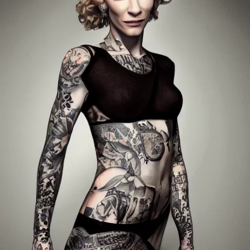 Image similar to full body tattooed cate blanchett,latino, highly detailed, photorealistic, 4k