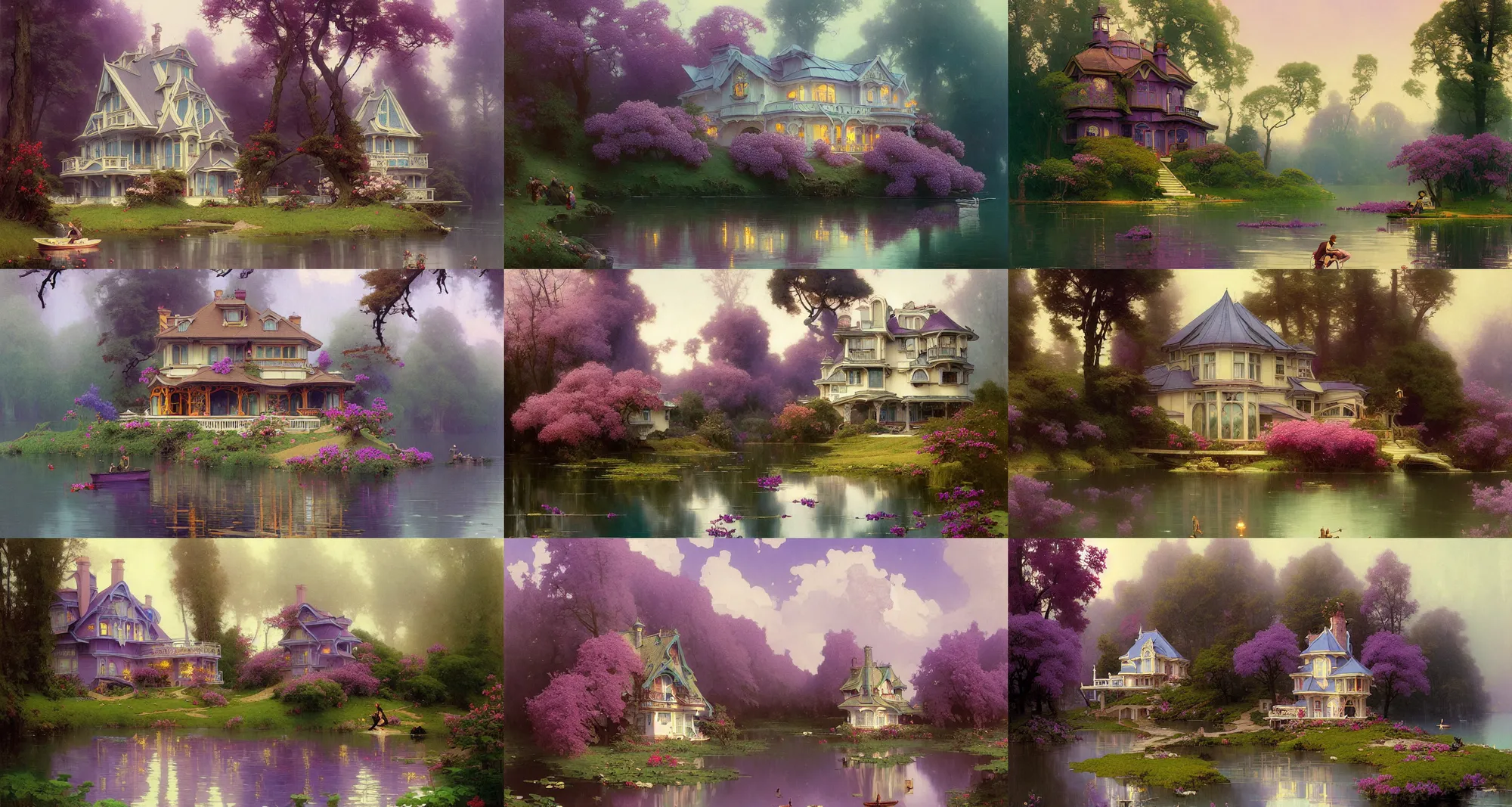 Prompt: small lake house in lilac bushes, art nouveau architecture, fantasy, art by joseph leyendecker, peter mohrbacher, ivan aivazovsky, ruan jia, reza afshar, marc simonetti, alphonse mucha
