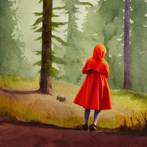 Image similar to Little Orange Riding Hood wear a dress in the valley, dark ambient beautiful, neoplasticism, 8k resolution, road into the forest with a lake, watercolor, detailed painting, art style by Edward Hopper daring, incredible, trending on Artstation