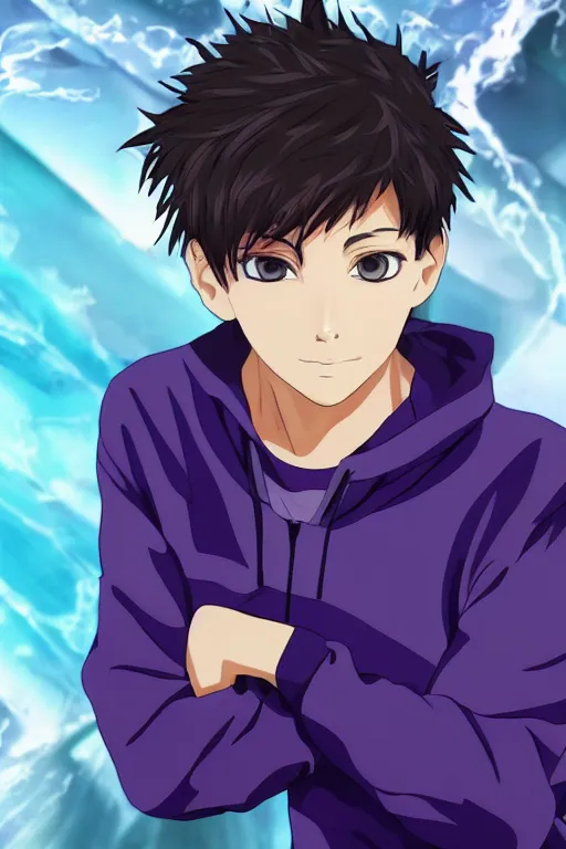 Image similar to portrait of a teen boy wearing a blue and white jumpsuit, brown spiky hair, tan skin, purple eyes, detailed, anime key visual, hisashi hirai