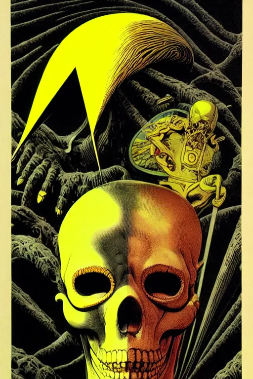 Image similar to portrait of black and yellow technicolor grainshading print, richard corben, wayne barlowe, moebius, heavy metal comic cover art, psychedelic triangular skeleton, very intricate, thick outline, full body, symmetrical face, long black crown, in a shapes background, galactic dark colors