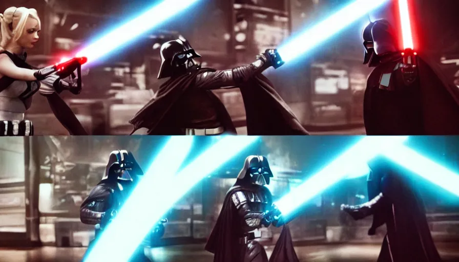 Prompt: cinematic shot of darth vader fighting harley quinn with a lightsaber, movie sequence from the original star wars
