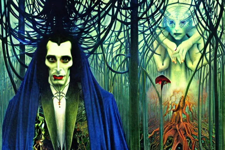 Image similar to realistic extremely detailed portrait painting of an elegantly creepy vampire man dressed as dracula, futuristic sci-fi forest on background by Jean Delville, Amano, Yves Tanguy, Alphonse Mucha, Ernst Haeckel, Edward Robert Hughes, Roger Dean, rich moody colours, blue eyes