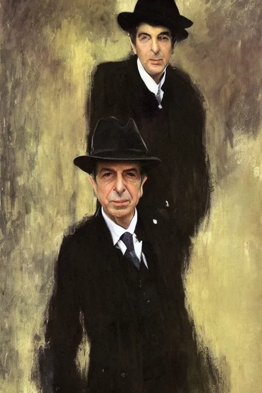 Image similar to Leonard Cohen, wearing a trilby hat, portrait by John Singer Sargent, Frank McCarthy, Robert McGinnis