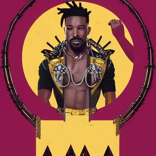 Image similar to a matte painting of killmonger, dripped out, diamonds, diamond chain, gold rings, gold watch, stylish, diamond grill by sachin teng