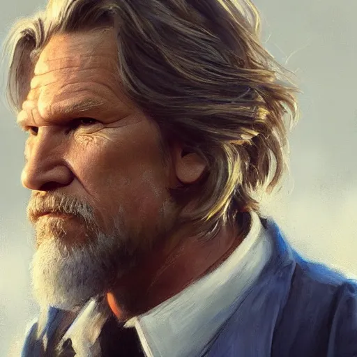 Image similar to closeup portrait of jeff bridges as the dude, dramatic lighting, city background, chiaroscuro, high detail, painted by greg rutkowski, painted by igor kieryluk, painted by bobby chiu, trending on artstation