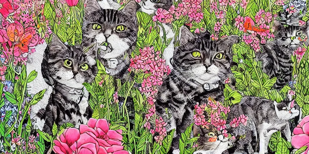Image similar to detailed intricate ink illustration, a group of cat playing in a garden of flowers, a mix media painting by Sandra Chevrier