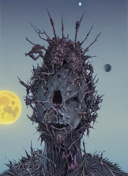 Image similar to blockchain headquater alie bishop by zdzislaw beksinski, ralph bakshi and hajime sorayama. spiky bones everywhere, the moon is big as a the night, high fashion, intricate details, by james jean, hd, 8 k, trending on artstation, uhd