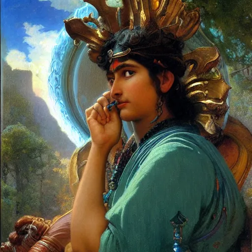 Image similar to shiva with high tec vr headset, painting by gaston bussiere, craig mullins, j. c. leyendecker, lights, art by ernst haeckel, john william godward, hammershøi,