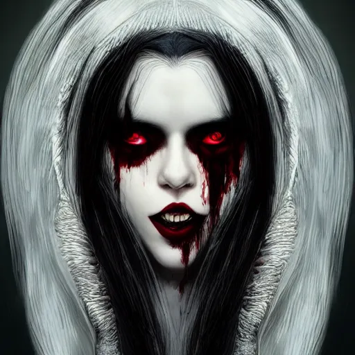 Image similar to Portrait of a pale white vampire woman with bright glowing strands of hair, dark black hair, blood dripping from her fangs, horror, creepy, unsettling, artstation, cgsociety, masterpiece, dark fantasy