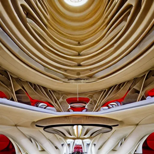 Image similar to interior of a futuristic lotus temple with gold, red and white marble panels, in the desert, by buckminster fuller and syd mead, intricate contemporary architecture, photo journalism, photography, cinematic, national geographic photoshoot