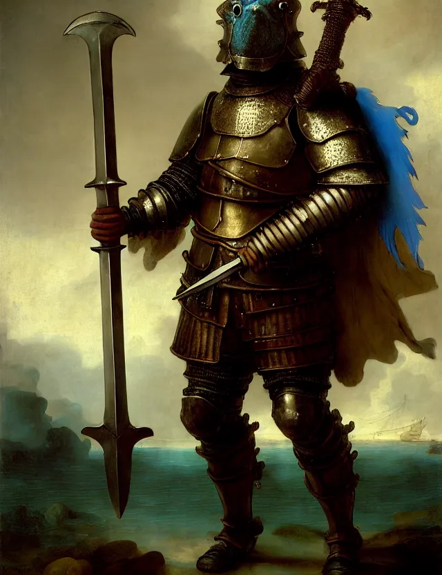 Prompt: anthropomorphic bipedal blue tang fish that is wearing full steel plate armor, and holding a colossal sword in his hand, as a matte oil painting and d & d character art, by rembrandt, standing, fullbody, lots of bubbles, sea foam, saltwater, ocean, award - winning, extremely detailed, sharp focus