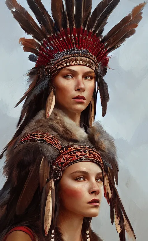 Image similar to gorgeous redskin woman wearing headdress, intricate, elegant, highly detailed, artstation, concept art, smooth, sharp focus, illustration, art by stefan kostic and greg rutkowski