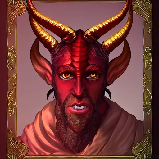 Image similar to dnd render of a male tiefling, red scales, a big black beard, completely golden eyes, 1 curved horn growing out of his forehead, one broken horn growing out of his forehead,