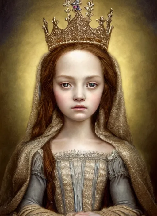 Prompt: highly detailed closeup portrait of a medieval princess wearing a crown and sitting on a throne, nicoletta ceccoli, mark ryden, lostfish, global illumination, god rays, detailed and intricate environment