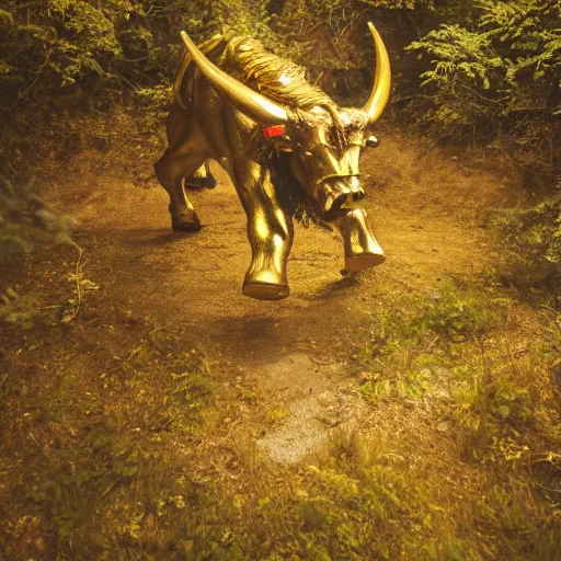 Prompt: artistic photo of minotaur in the forest, dim light, extremely detailed, gold accents