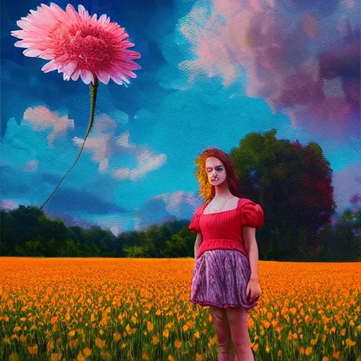 Prompt: giant daisy flower head, girl standing in a flower field, surreal photography, sunrise dramatic light, impressionist painting, colorful clouds, digital painting, artstation, simon stalenhag, flower face