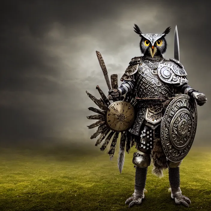 Prompt: full length photo of a warrior with owl themed armour, highly detailed, 4 k, hdr, smooth, sharp focus, high resolution, award - winning photo