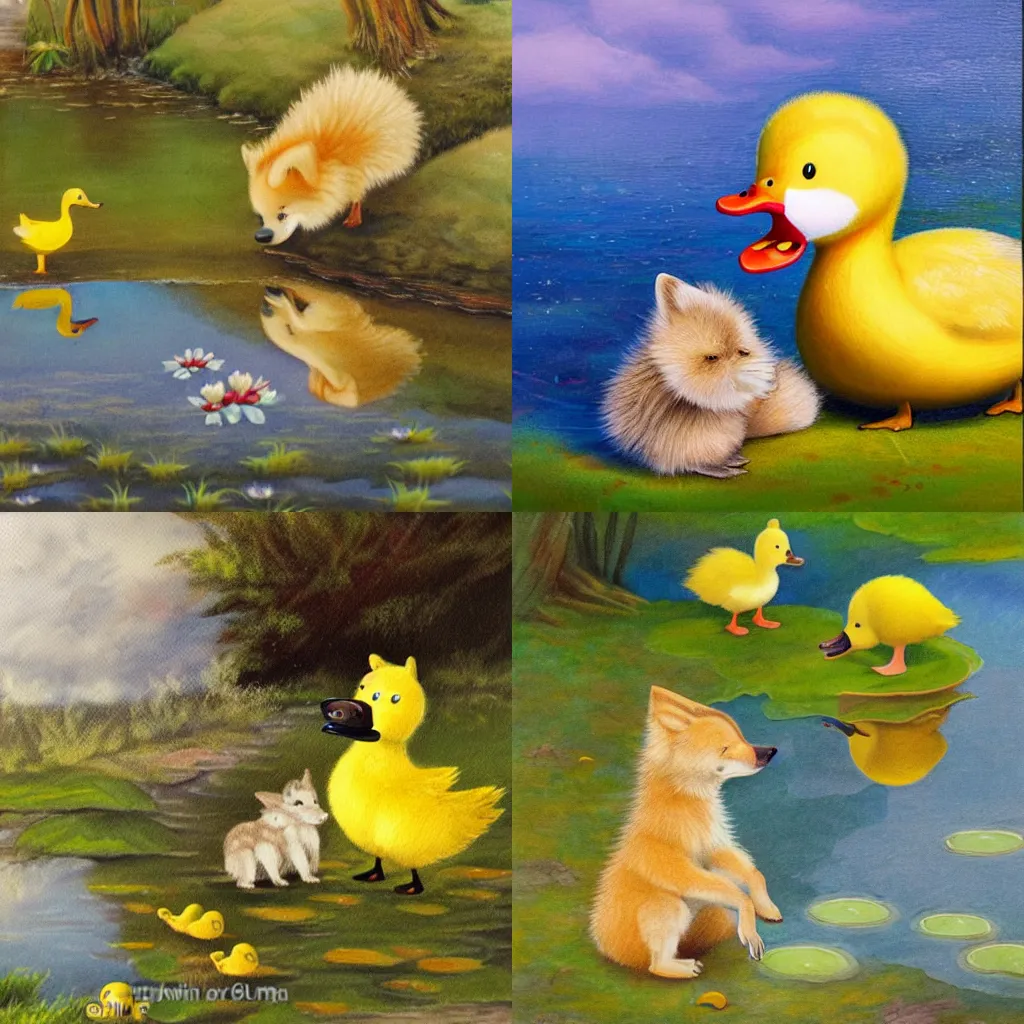 Prompt: children's book illustration of a cute wolf pup talking to a fluffy yellow duckling on the shore of a pond, oil painting