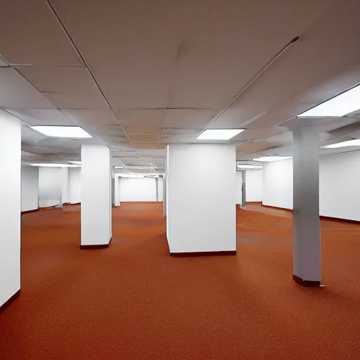 Image similar to the backrooms : an endless maze of randomly generated office rooms and other environments. it is characterized by the smell of moist carpet, walls with a monochromatic tone of dirty off - white, 1 9 8 0's style carpeted walls and buzzing fluorescent lights % 5 0 working, general sense of run down and abandonment